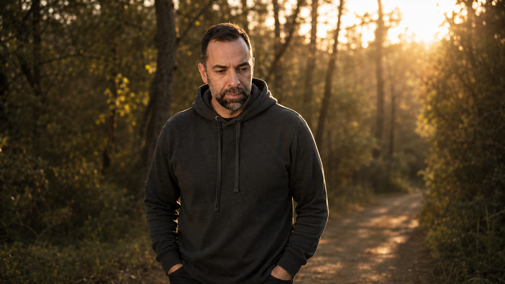 Daniel Santamaría caminando por un bosque al atardecer