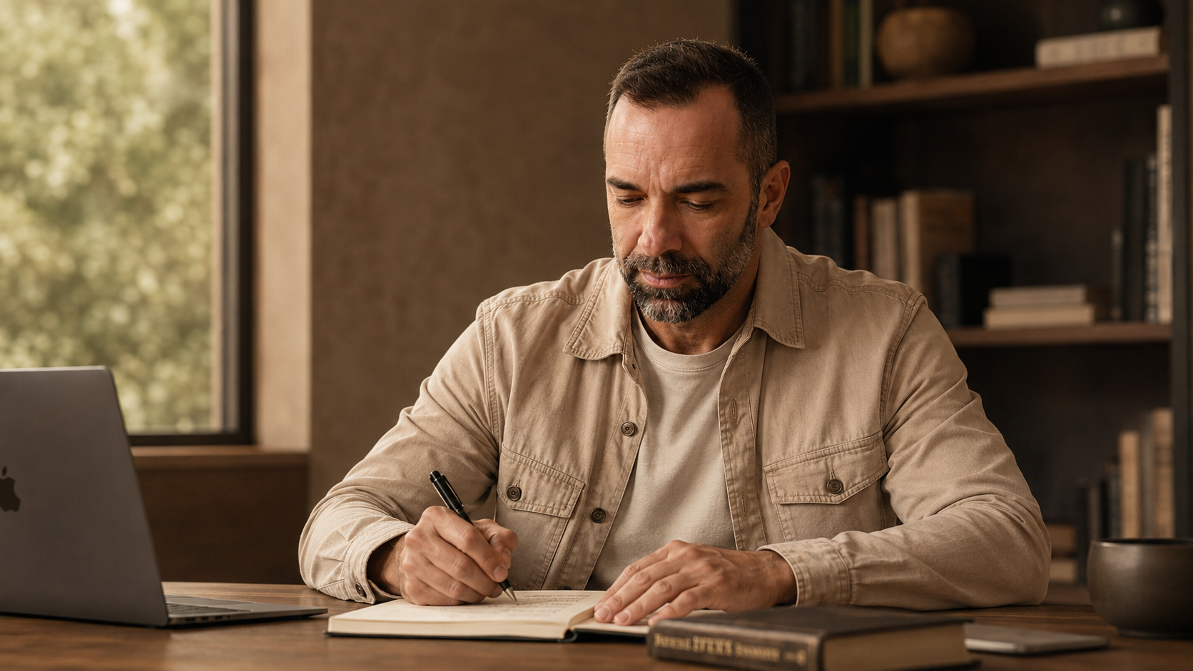 Daniel Santamaría escribiendo y trabajando en su despacho