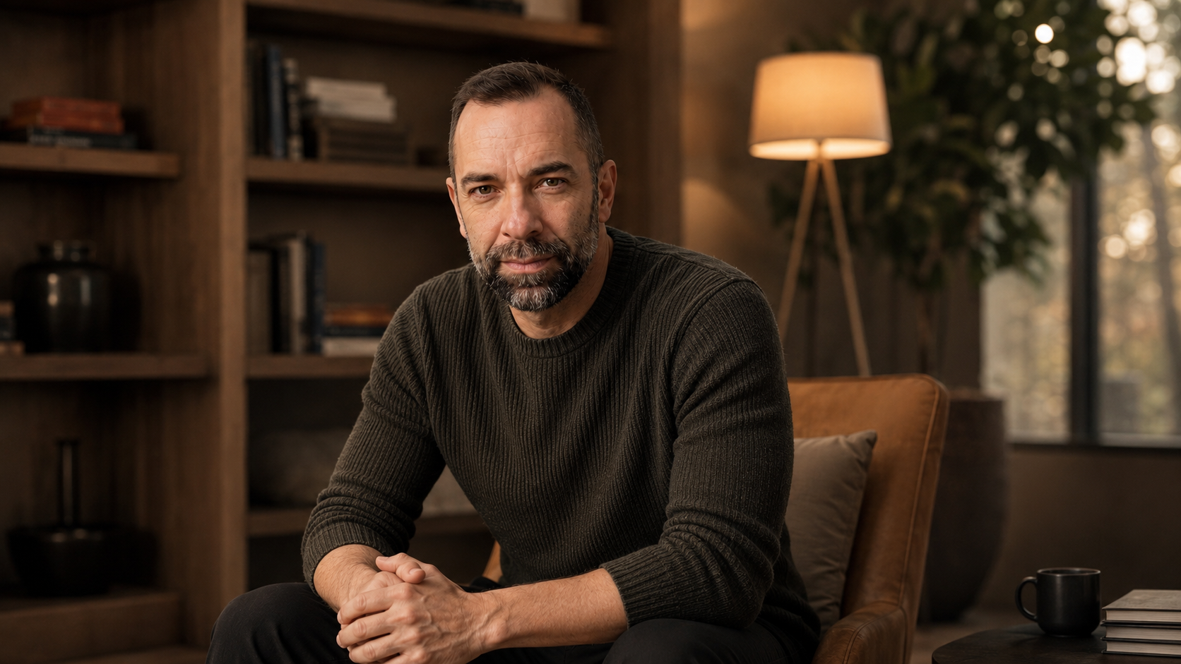 Daniel Santamaría sentado en un interior cálido y contemporáneo