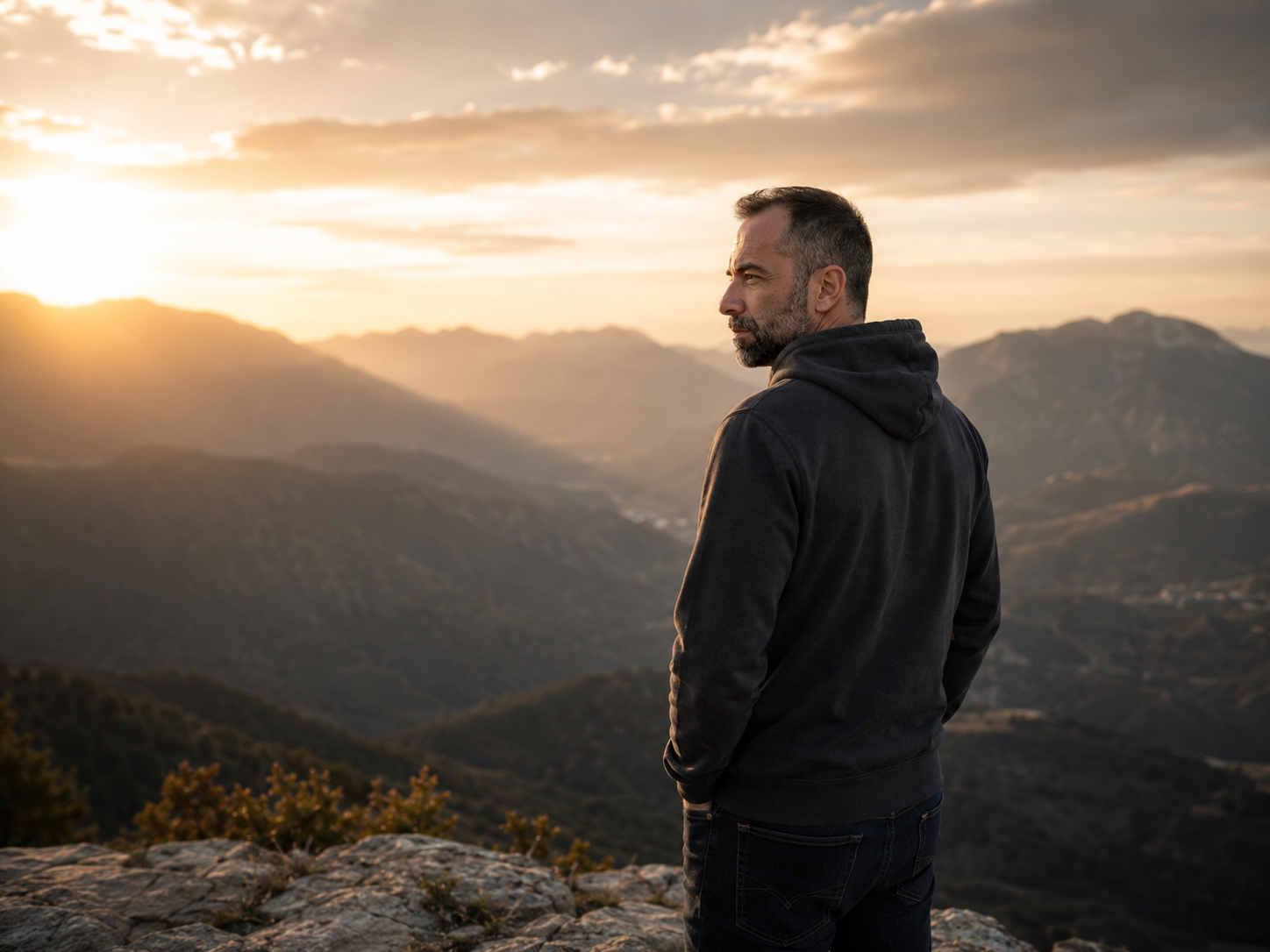 Daniel Santamaría contemplando las montañas al atardecer