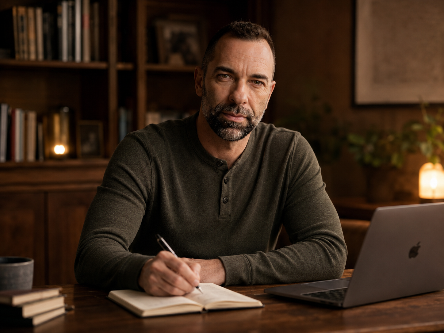 Daniel Santamaría escribiendo en su mesa de trabajo