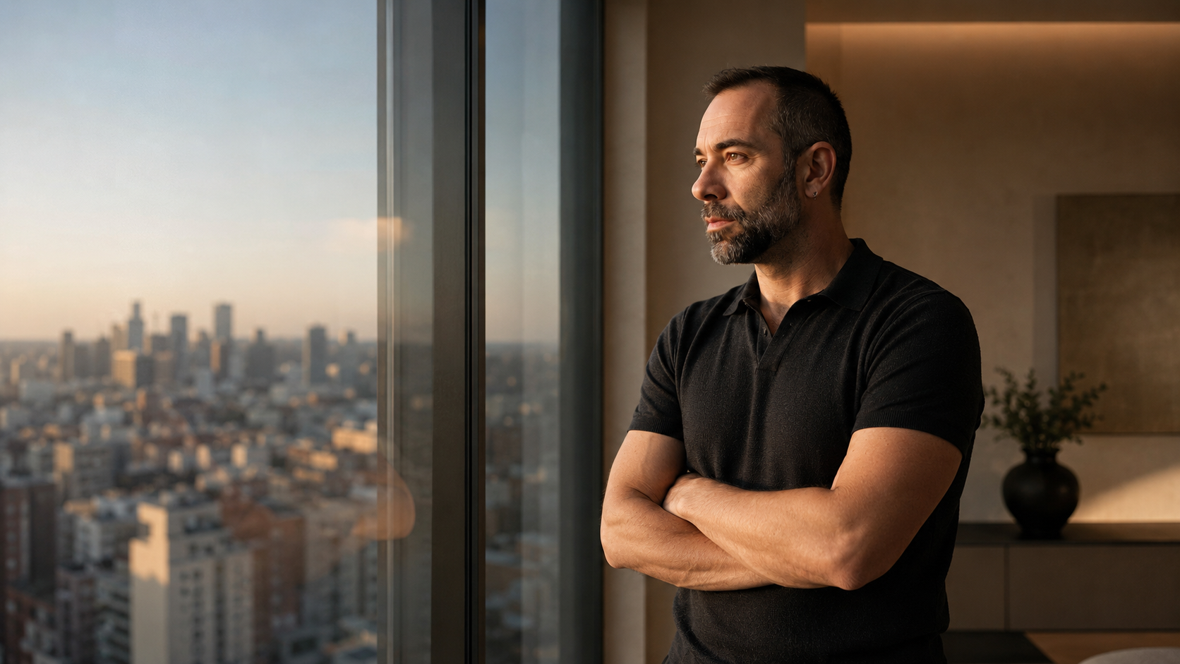 Daniel Santamaría mirando hacia el horizonte desde una ventana