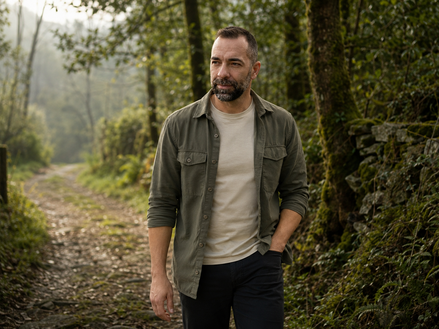 Daniel Santamaría caminando por un sendero entre árboles